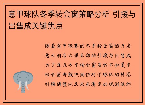 意甲球队冬季转会窗策略分析 引援与出售成关键焦点