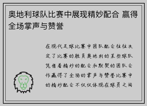 奥地利球队比赛中展现精妙配合 赢得全场掌声与赞誉