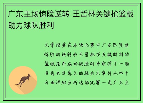 广东主场惊险逆转 王哲林关键抢篮板助力球队胜利